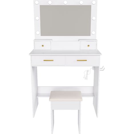 Tavolo da trucco bianco con LED a 3 temperature, presa, 4 cassetti e sgabello (1/5)