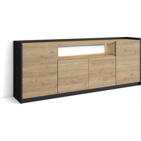 Skraut Home - Credenza, Mobile, Cucina, Madia, mobile ingresso, 207x37x80cm, 4 Porte, LED, Stile moderno, Rovere e nero (1/5)