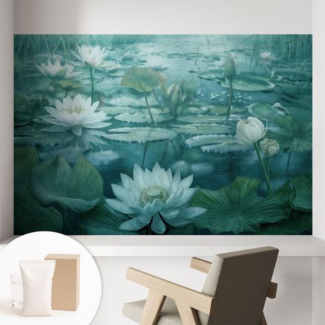 Papier peint intissé mural avec colle pour salon et chambre Décoration murale rapide - Colle incluse gratuite Fleurs aquatiques 104x70 cm (1/5)