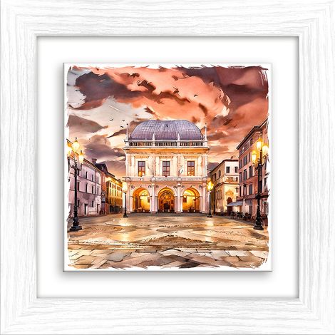 Lupia - Quadro moderno con paesaggi e localismi italiani, Ceramica e Stampa Rilievo, Cornice Legno Shabby Modern bianca, Decorazione Parete, Quadretti Soggiorno, 29x29 cm, BRESCIA PALAZZO DELLA LOGGIA (1/4)