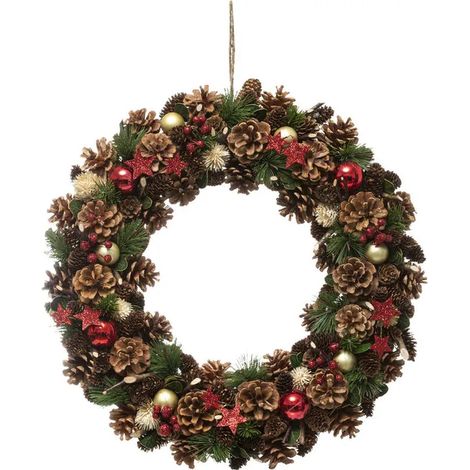 Couronne de fêtes en bois de houx, pommes de cèdre, baies et étoiles scintillantes rouges, Ø 50 cm, décoration murale festive (1/2)