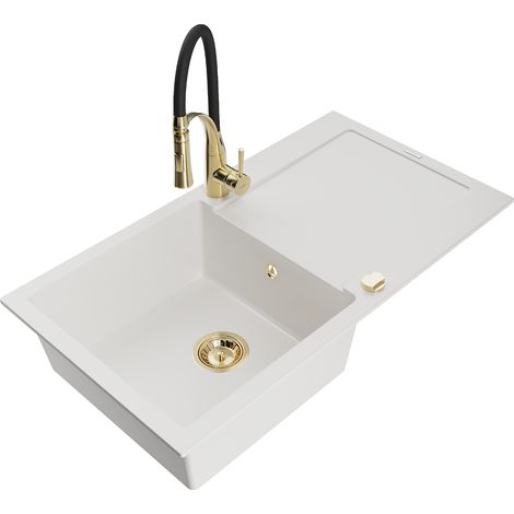 Mexen Leo lavello in granito con 1 vasca e scolapiatti e rubinetto da cucina Aster, bianco - 6501-20-73450-57-G (1/5)
