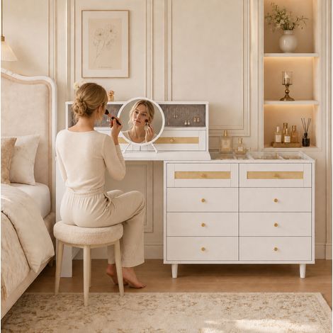 Coiffeuse avec miroir et rangement à bijoux, 10 tiroirs, plateau en verre, MDF blanc, 105 cm REDOM (1/5)