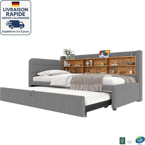 MODFU - Divano letto per bambini con letto estraibile 90x190/200cm 2 persone, con contenitore, USB+TypeC, rete a doghe, senza materasso, lino, grigio