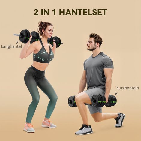 Set d'Haltères 2-en-1, haltères longs et courts, 30 kg, antidérapant, respectueux du sol, noir/vert (1/5)