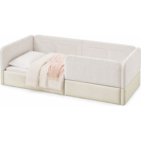 Lit plateforme 90x200 rembourré avec barrière de sécurité, 4 poches de rangement et cadre en MDF, velours blanc, pour chambre - CHICFURN (1/5)