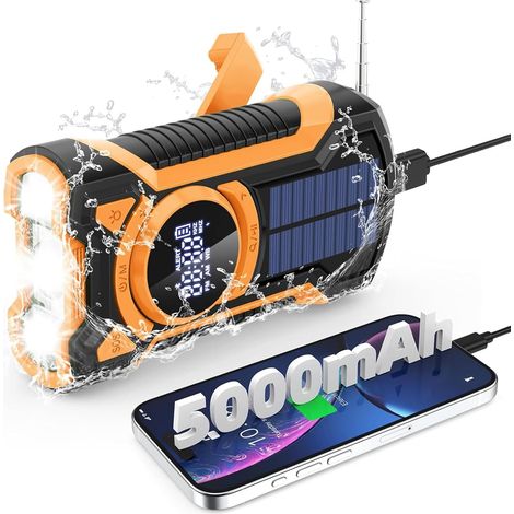 Rechargeable Portable Radio Dynamo avec Lampe de Poche LED, Power Bank 5000mAh AM/FM Radio Manivelle Solaire, SOS Alarm/Lampe Poch/3W Haut-parleurs, Outdoor, Emergency (1/5)