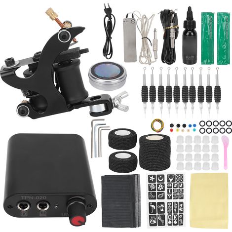 Kit tatouage débutant avec bloc d’alimentation 90-265V, peau pratique, gabarits et outil pour coil tattoo machine (prise UE) (1/5)