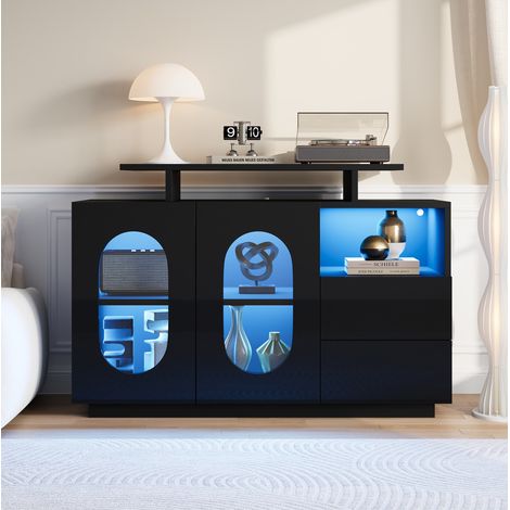 Sideboard aus Holzwerkstoff in Schwarz 120x40x80 cm mit LED, Glasvitrine, verstellbaren Einlegeböden und Schubladen (1/5)