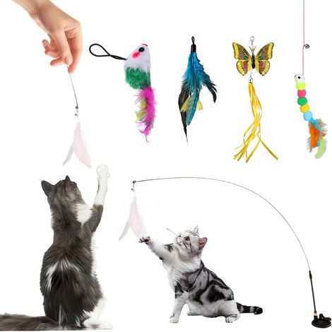 Lot de 5 jouets interactifs pour chat avec ventouse et plumes, avec clochettes, canne à pêche flexible pour chats et chatons (1/5)