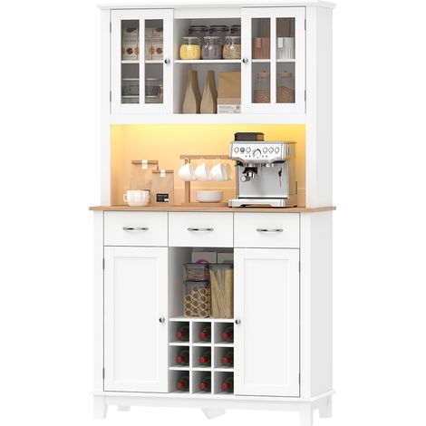 Buffet haut cuisine avec éclairage LED, vaisselier, 4 portes dont 2 en verre, tiroirs, porte-bouteilles, blanc