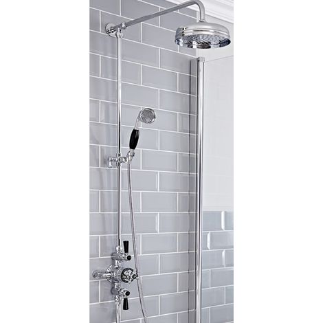Milano Elizabeth Grand Rigid Riser with 2 Outlet Exposed Triple Thermostatic Mixer Shower Valve Round Rainfall Shower Head and Hand Shower Handset - Chrome & Black (1/5)