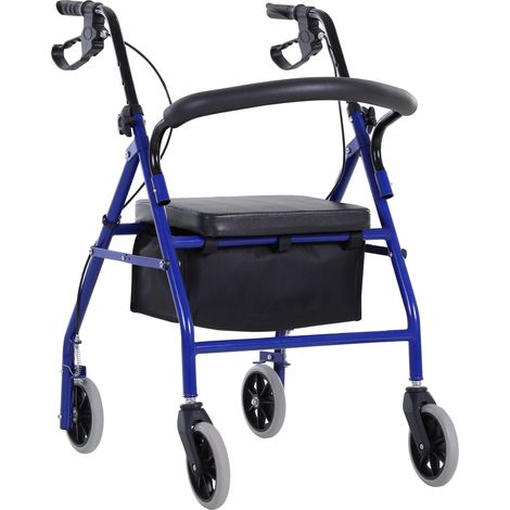 Déambulateur 4 roues, métal bleu, déambulateur pliable léger, assise, dossier rembourré, poignées ergonomiques, freins à main