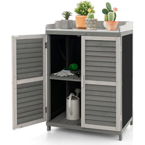 COSTWAY Armadietto da Esterno in Legno, Capanni da Esterno con Piano in Metallo Placcato e 2 Ante a Persiana, Mobile Porta Attrezzi da Giardino e Terrazzo, 67 x 47 x 100 cm, Grigio (1/5)
