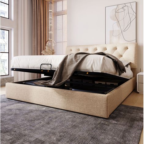 MODFU – Lit adulte 140x200 cm bois, lin et métal – Coffre hydraulique et tête de lit réglable – Charge 220 kg, 2 colis – Chambre – Naturel (1/5)