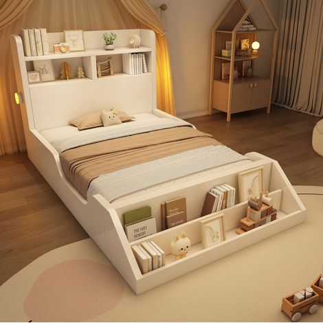 CHICFURN Cama infantil 90x200 cm de madera blanca con estantes y luces nocturnas (1/5)