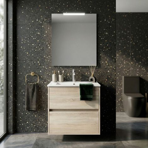 Mobile bagno sospeso 60x45 cm rovere chiaro con 2 cassetti e lavabo incluso – Soria