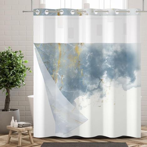 Rideau de Douche sans Crochets avec Doublure à Pression, Motif marbre Gris, Moderne, décoratif, imperméable, Double Couche, avec fenêtre Transparente sur Le Dessus, 180x180cm (1/5)