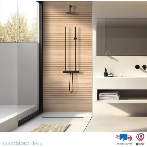 Panneau de douche : Tasseaux bois chêne 3 horizontales - Couleur Blanc perle - Alu composite - 90 - 245 (1/3)