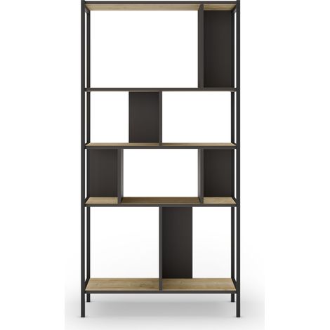 Bibliothèque, meuble étagère aspect bois coloris chêne et métal noir - Longueur 88 x Profondeur 35 x Hauteur 175 cm (1/5)
