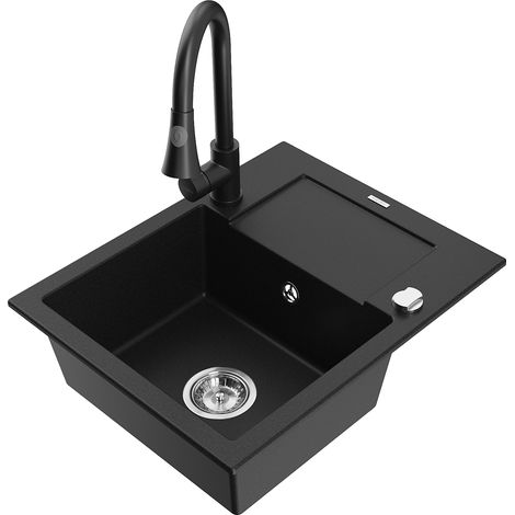Mexen Enzo fregadero de granito de 1 cubeta con escurridor y grifo de cocina Elia, negro - 6506-77-670101-70