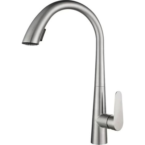 Gunmetal gray pull-out kitchen faucet, household pressure boosting universal faucet for dishwashing and vegetable washing basins, hot and cold water splash-proof faucet -- brushed stainless steel mode