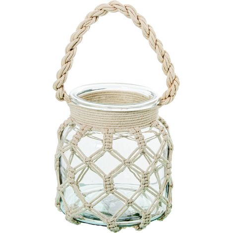 Vase Porte-Bougie en Verre avec Corde Transparente et Naturelle 15 x 15 x 16 cm (1/3)