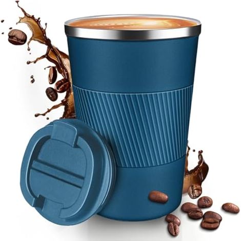 Tasse à café de voyage isotherme, anti-fuite, pobtable pour aller au camping - Gobelet à café réutilisable avec couvercles (bleu 380) (1/5)