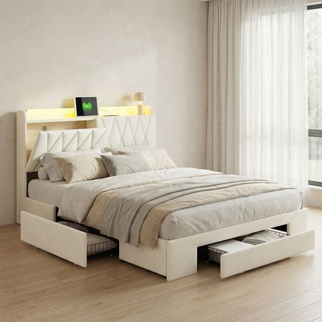 Lit adulte 140x190, 3 tiroirs, ports USB/Type-C et prises Intégrés, lit double capitonné avec éclairage LED, tête de lit avec rangement, velours, style scandinave moderne(140x190cm, Beige)
