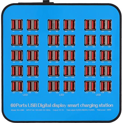 Station de charge USB intelligente à 60 ports, boîtier ignifugé en PC et ABS, 300 W, 100-240 V (1/5)
