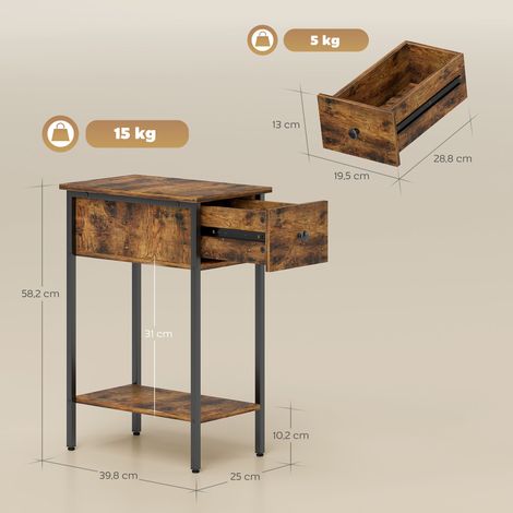 Table d'appoint avec compartiment ouvert et tiroir, table de chevet, pieds en métal, bois, marron (1/5)