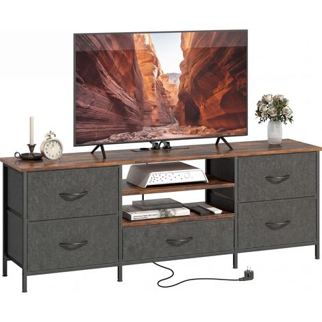140 cm hoher TV-Ständer, 65-Zoll-TV-Möbel, Ladestation, 5 Stoffschubladen, offene Regale, 140 x 30 x 50 cm, braun