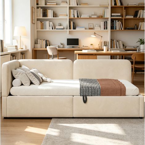 Letto contenitore 90x200 con sollevamento idraulico, testiera alta, beige OKMYHOME (1/5)