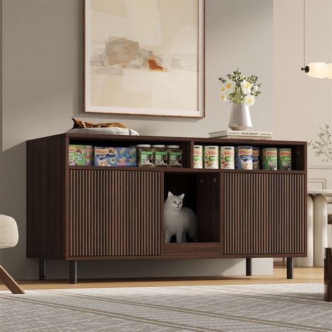 Maison de Toilette Chat - 120x50x66cm - Meuble Litière avec Tapis Récupérateur de Sable et Portes Nervurées - Noyer Foncé (1/5)