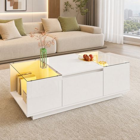 Mesa de centro LED con almacenaje y 2 cajones, vidrio, 105 x 50 x 35 cm, blanco HAVRYA (1/5)