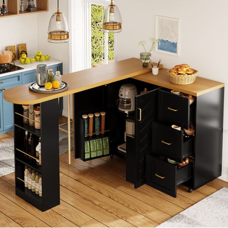 Table bar extensible en MDF noir et métal, plan de travail aspect bois, 135-228x39x104 cm, sur roulettes (1/5)
