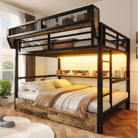 Litera infantil de 140x200 cm, cama de adulto con iluminación LED, estante, cesta y 2 cajones, metal negro (1/5)