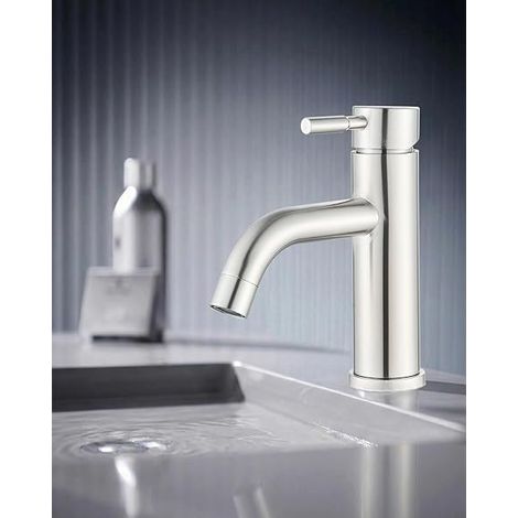 Mitigeur de lavabo avec bec coudé, mitigeur réglable eau chaude/eau froide, robinet de salle de bain monocommande, chromé (1/5)