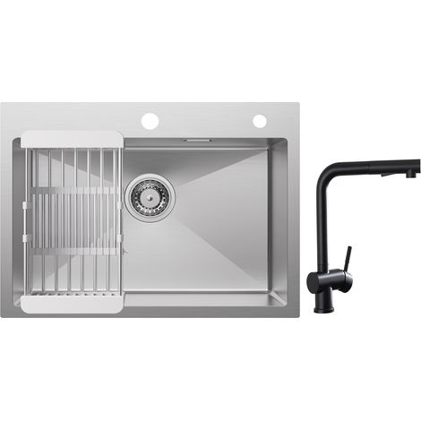 Cecipa Lavello da cucina 1 vasca 60×45×18 cm Lavello da cucina in acciaio inox 304 spazzolato con cestello di scarico + rubinetti da cucina con doccetta estraibile, miscelatore lavello nero