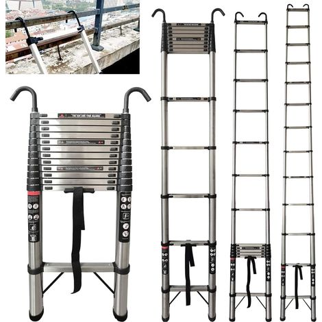 5m Edelstahl Teleskopleiter mit 2 Haken, rutschfest Ausziehleiter Dachbodenleiter Anlegeleiter, 13 Sprossen,Leicht zu Tragen, 150kg Tragkraft (1/5)