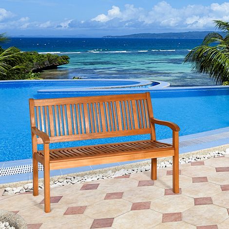 Banc de jardin 2 places en bois massif couleur teck naturel avec dossier incurvé et accoudoirs larges pour jardin, terrasse et parc (1/5)