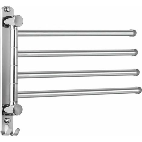34cm SUS304 Stainless Steel Towel Rack with 4 180° Swivel Bars, Wall Mounted for Bathroom, Kitchen and Sink – Silver (1/5)