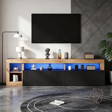 Meuble TV LED bas 184x42x58cm pour TV 80 pouces avec connectée portes abattantes et niches ouvertes décor bois et noir (1/5)