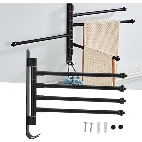 Porte-serviettes pivotant en acier inoxydable noir, 4 bras rotatifs pour salle de bain, cuisine ou dressing