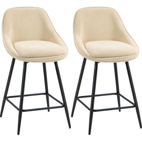 Lot de 2 tabourets de bar en tissu velours côtelé, chaises de bar avec dossier courbé, repose-pieds, 49x52x88cm, beige (1/5)