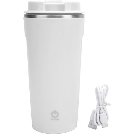 Tazza da caffè automescolante in acciaio inox ricaricabile tramite USB, con coperchio, ideale per ufficio, auto e casa. Colore bianco. (1/5)