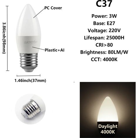(C37 3W E27 4000K) Lot de 10 ampoules LED, adaptées à la décoration intérieure, au bureau et à la salle de bain. (1/4)