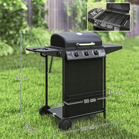 Gasgrill mit 3 Brennern, Seitenbrenner, Deckel mit Thermometer, Grillrost und Seitentisch, Rollen, 108 x 54 x 97 cm, Schwarz