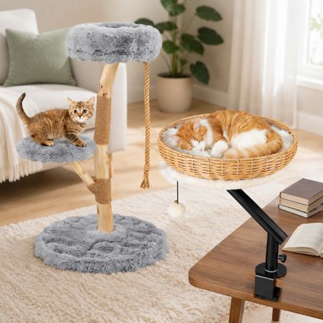Desk cat komfort set 2 teilig drehbares katzenbett mit klemme birkenholz kratzbaum mit 3 ebenen 227458983 (1/5)