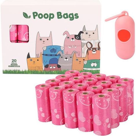 Sacs à déjections canines biodégradables - Conditionnés en rouleaux de 20 - Motif cœur rose - Sacs à déjections canines d'extérieur - Sacs à déjections canines (roses) avec distributeur de sacs (1/4)